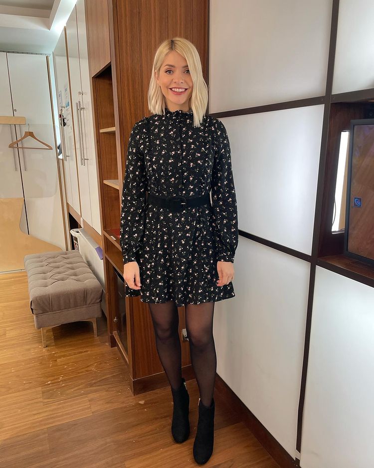 where to get all Holly Willoughby This Morning dresses black floral belted dress black suede ankle boots 11 January 2021 Photo Holly Willoughby