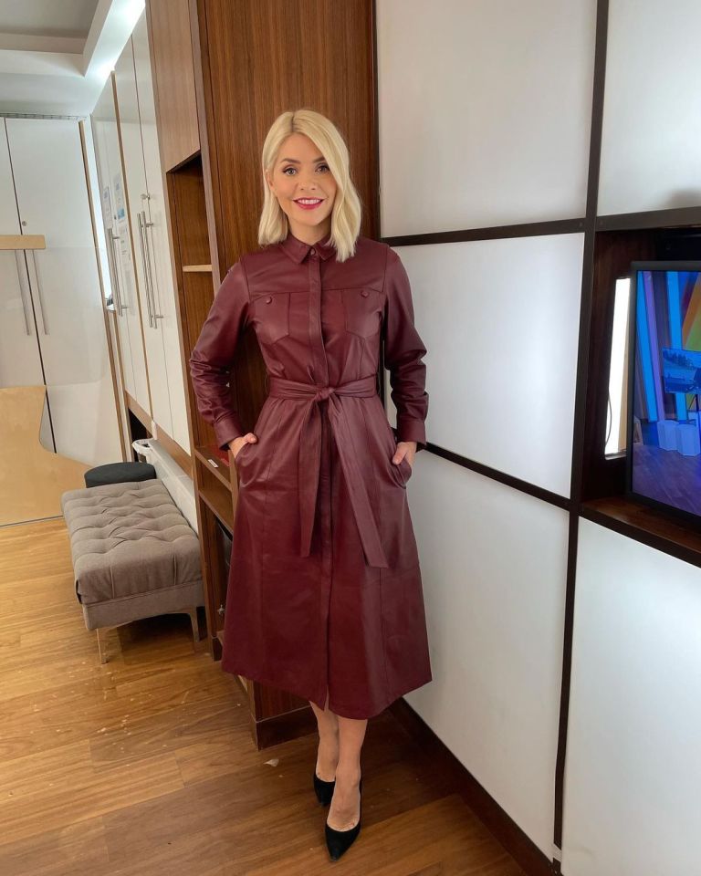 where to get all Holly Willoughby This Morning dresses red burgundy leather shirt dress suede court shoes 19 January 2021 Photo Holly Willoughby