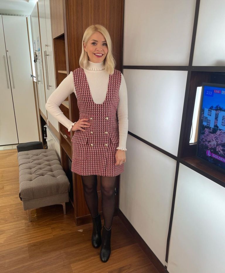 where to get all Holly Willoughby This Morning dresses red tweed dress cream ruffle polo neck black ankle boots 4 February 2021 Photo Holly Willoughby