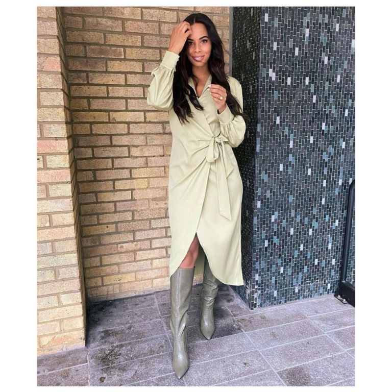 where to get all Rochelle Humes This Morning dresses green wrap dress grey knee high boots 4 January 2021 Photo Amber Jackson