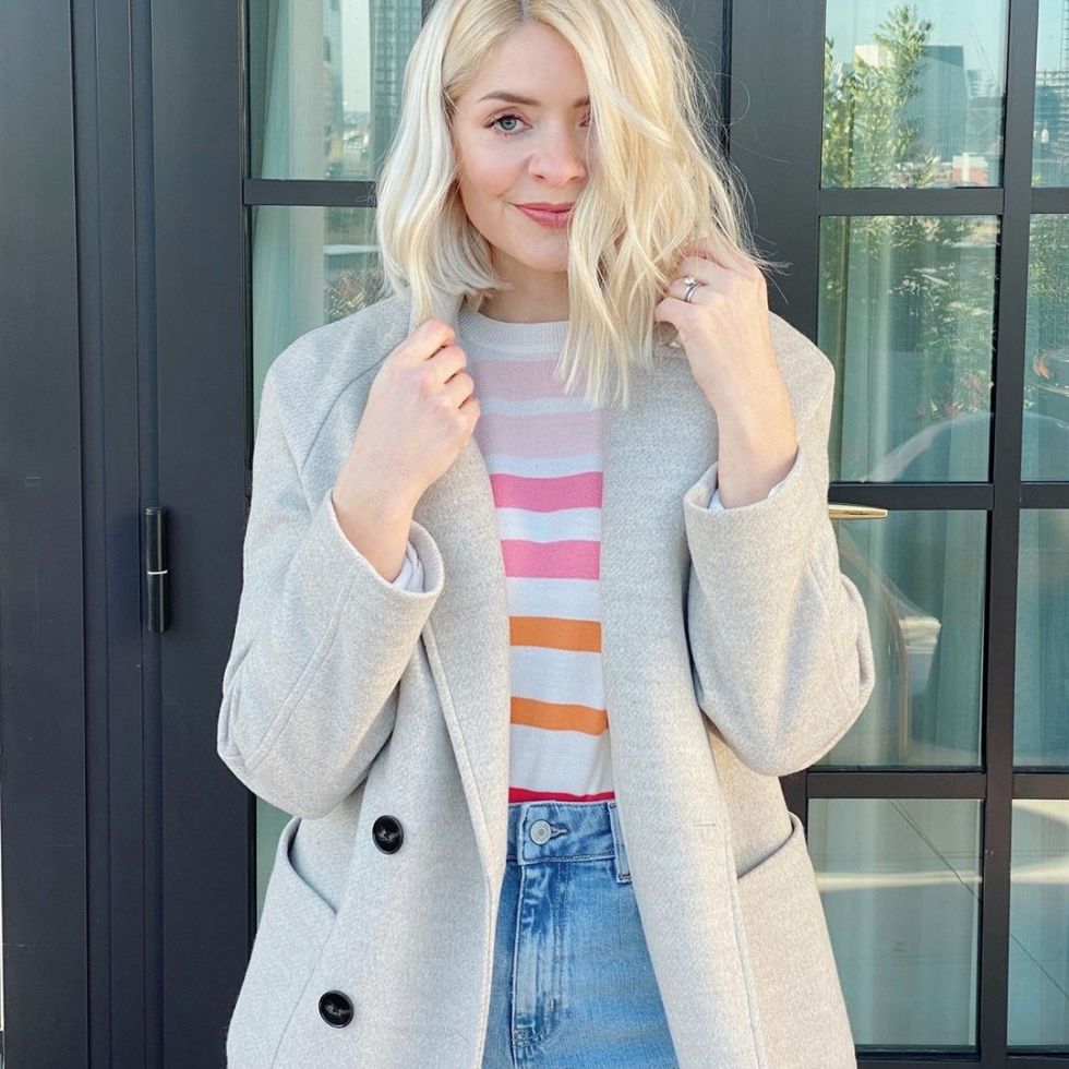 where to get holly willoughby oatmeal coat oink orange striped jumper light blue wash denim jeans 29 January 2021 Photo M&S