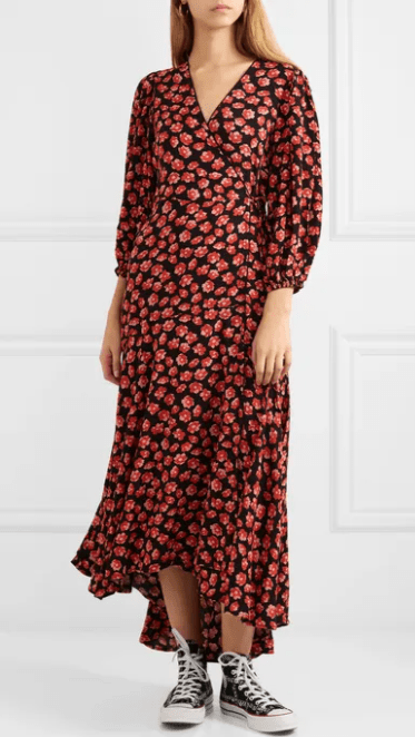 Ganni Floral Print Crepe de Chine Wrap Dress