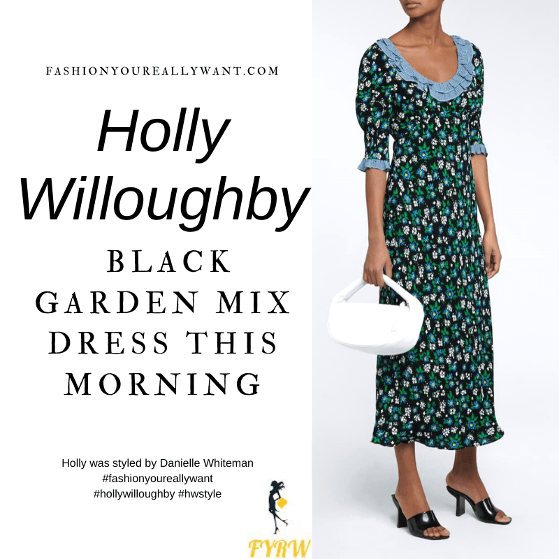 Where to get all Holly Willoughby This Morning outfits blog February 2021 black floral maxi dress with blue trim black suede court shoes