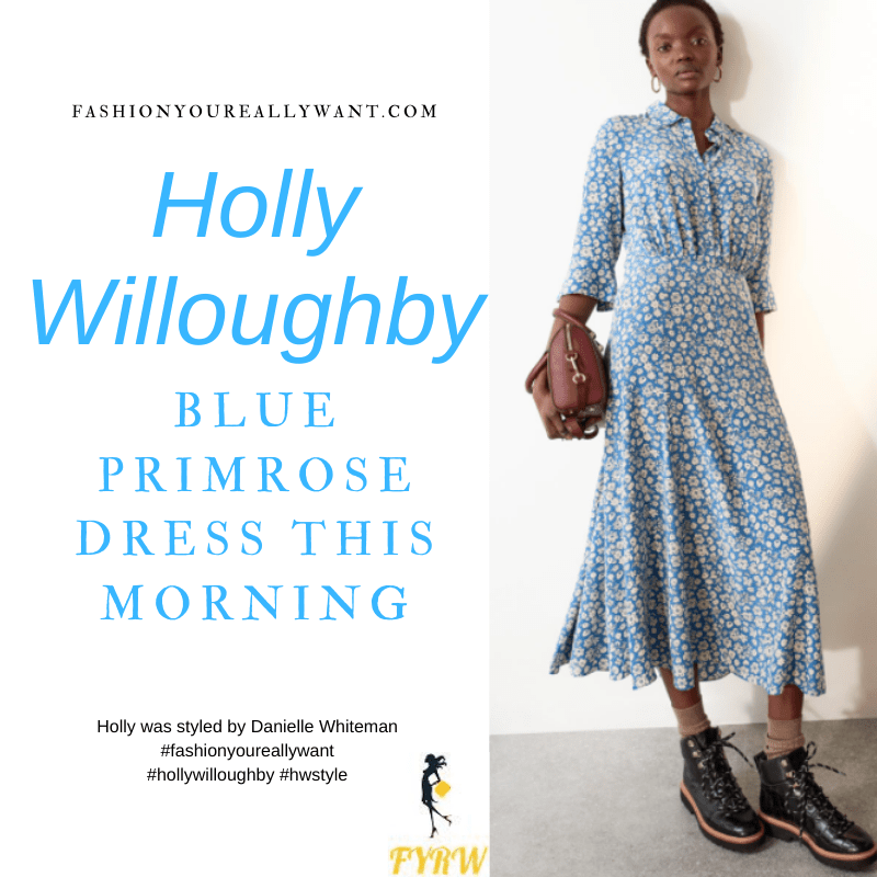 Where to get all Holly Willoughby This Morning outfits blog February 2021 blue floral midi shirt dress nude suede court shoes