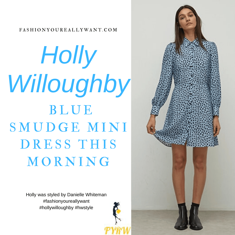Where to get all Holly Willoughby This Morning outfits blog February 2021 blue black smudge mini shirt dress black ankle boots