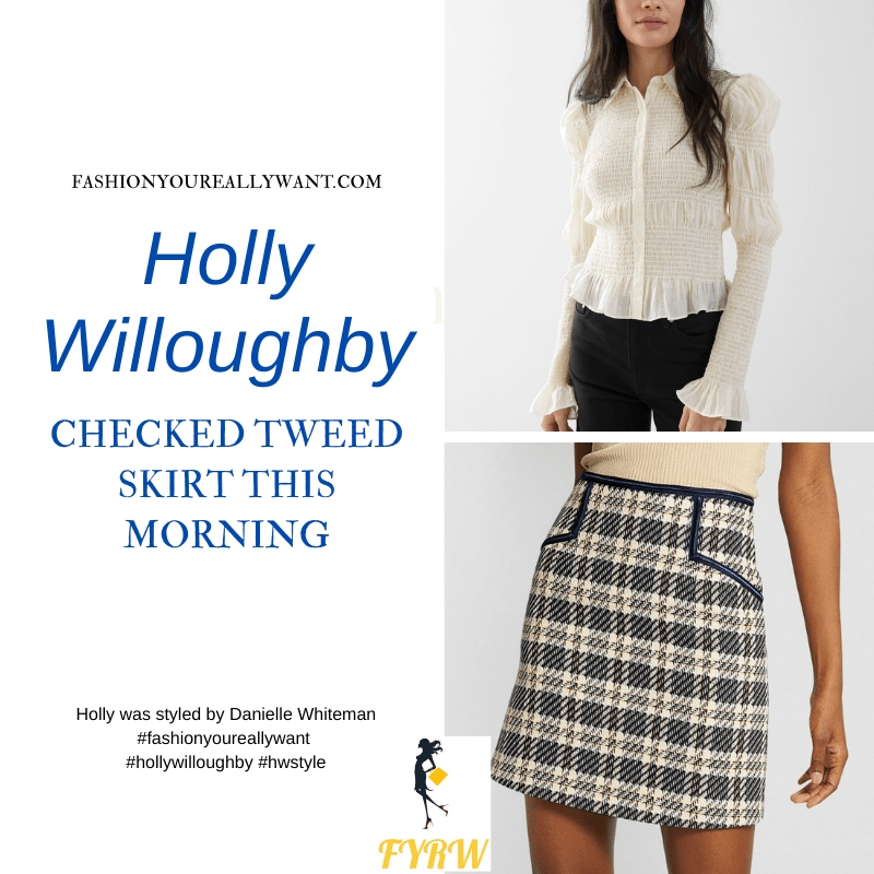 Where to get all Holly Willoughby This Morning outfits blog February 2021 blue cream checked mini skirt cream smocked shirt black suede court shoes