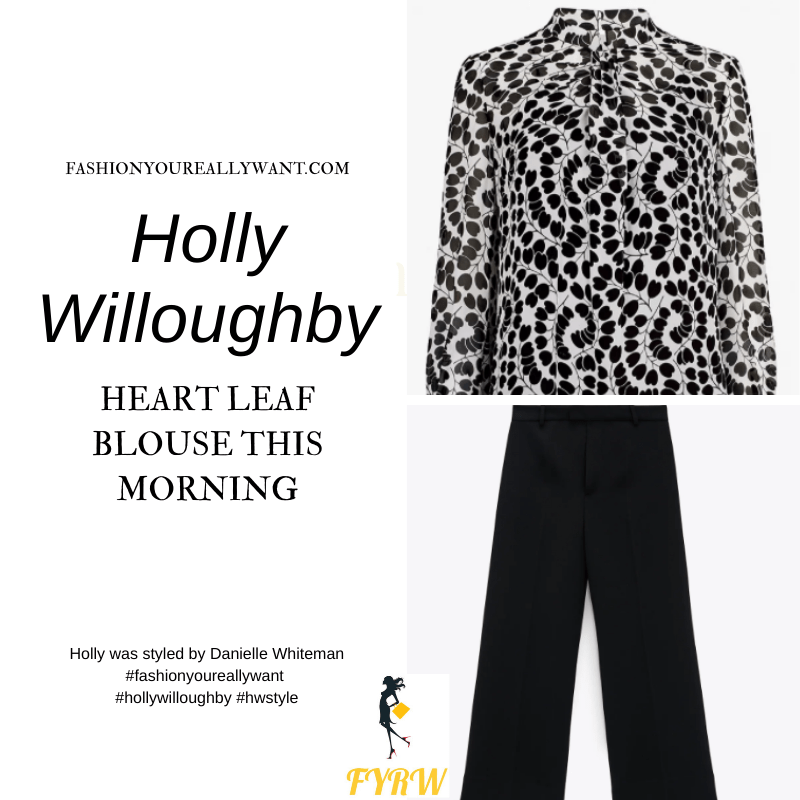 Where to get all Holly Willoughby This Morning outfits blog February 2021 white gathered blouse with black heart leaves black culottes black court shoes