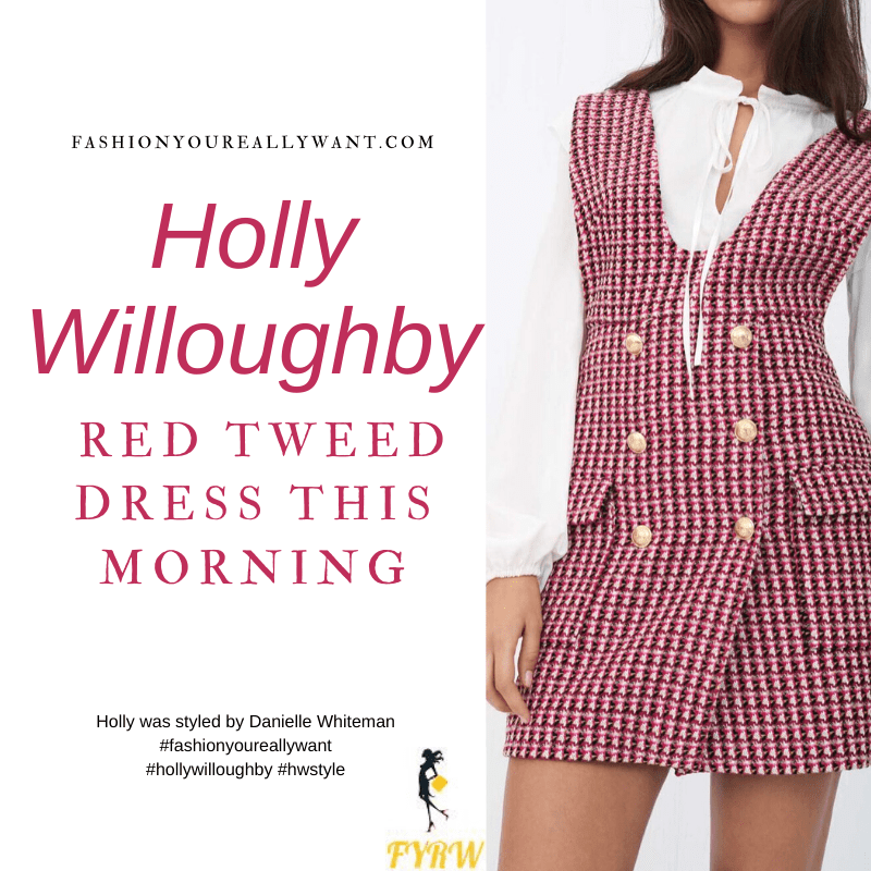 Where to get all Holly Willoughby This Morning outfits blog February 2021 red tweed pinafore dress cream ruffle knit black ankle boots