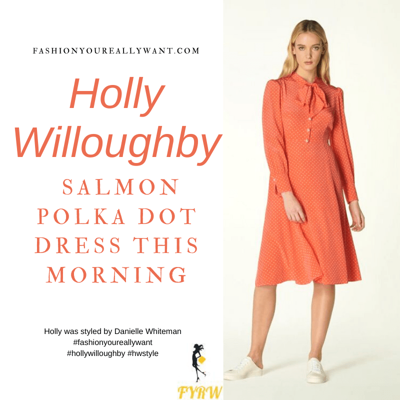 Where to get all Holly Willoughby This Morning outfits blog February 2021 orange salmon pink polka dot shirt dress nude suede court shoes