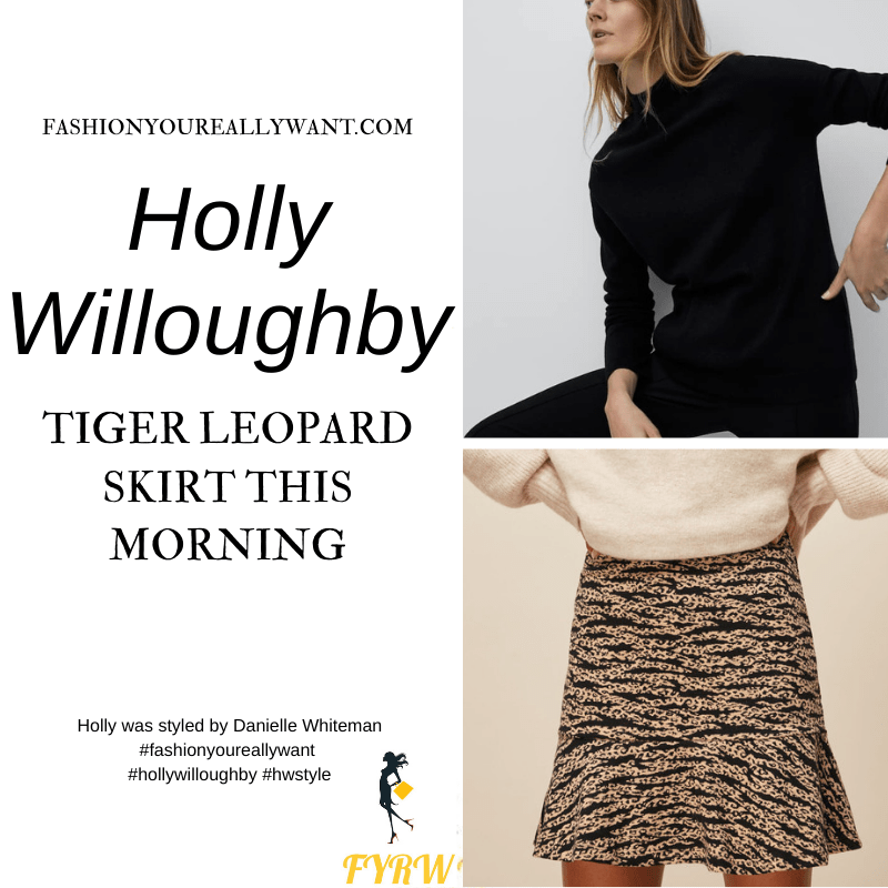 Where to get all Holly Willoughby This Morning outfits blog February 2021 tiger leopard mini skirt black polo neck knit black suede court shoes