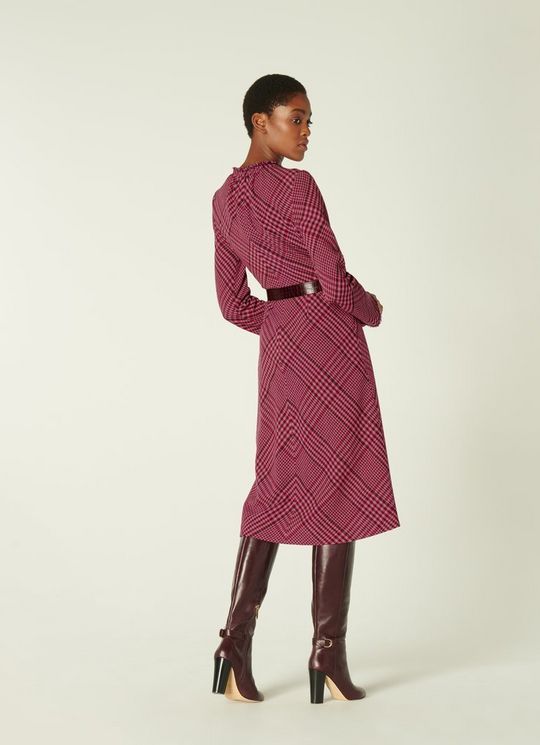 LK Bennett Katie Pink &amp; Burgundy Check Wool Blend Midi Dress back view