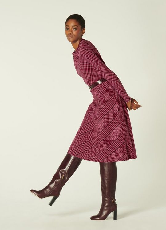 LK Bennett Katie Pink &amp; Burgundy Check Wool Blend Midi Dress