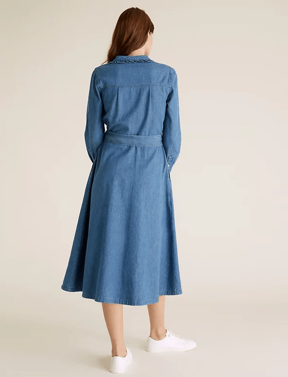M&amp;S Denim Belted Midi Shirt Dress back view