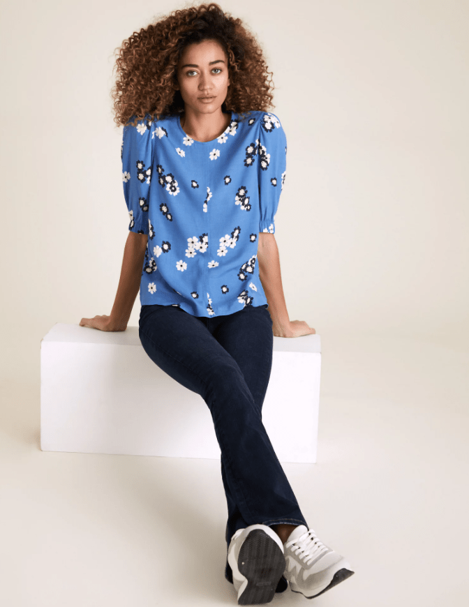 M&S Floral Round Neck Puff Sleeve Top