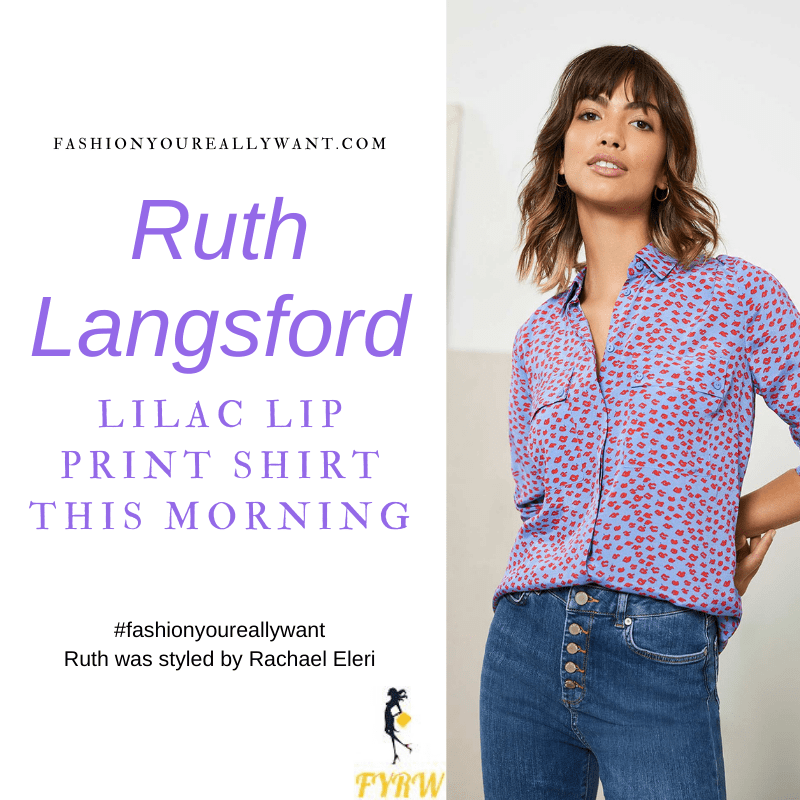 Where to get all Ruth Langsford This Morning outfits blog February 2021 lilac red lip print shirt black trousers black patent court shoes