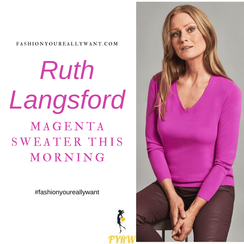 Where to get all Ruth Langsford This Morning outfits blog February 2021 magenta v neck jumper black trousers black patent court shoes