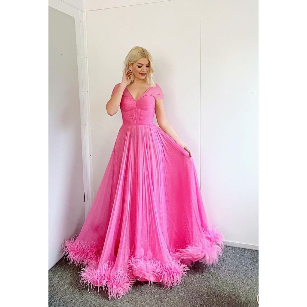 where to get all Holly Willoughby Dancing on Ice dresses pink feather trimmed gown 14 February 2021 Photo Holly Willoughby
