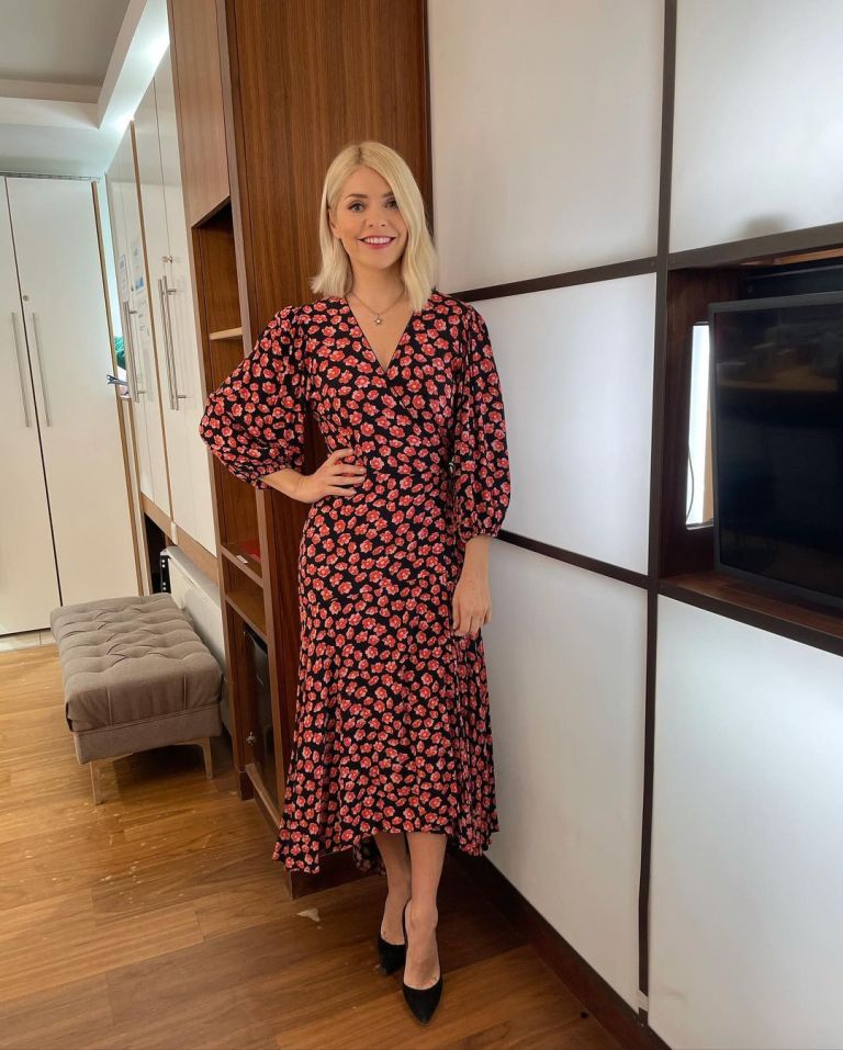 where to get all holly willoughby This Morning dresses black and red floral wrap midi drfess black suede court shoes 9 February 2021 Photo holly Willoughby
