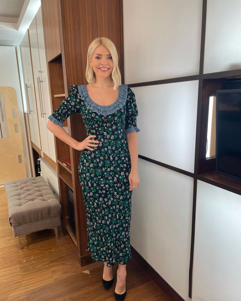 where to get all Holly Willoughby This Morning dresses black floral blue trim maxi dress black suede court shoes 23 February 2021 photo Holly Willoughby