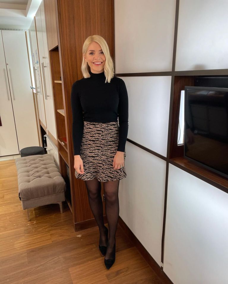 where to get all holly Willoughby This Morning outfits black polo neck knit tiger leopard mini skirt black suede court shoes 3 February 2021 Photo Holly Willoughby