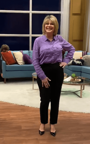 where to get all Ruth Langsford This Morning outfits lilac red lip print shirt black trousers black patent court shoes 19 February 2021 Photo Ruth Langsford