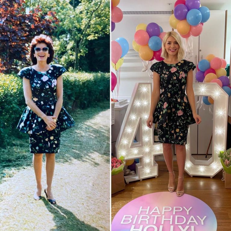 where to get Holly Willoughby This Morning dresses black floral dress nude sandals 10 February 2021 Photo Holly Willoughby with her mum
