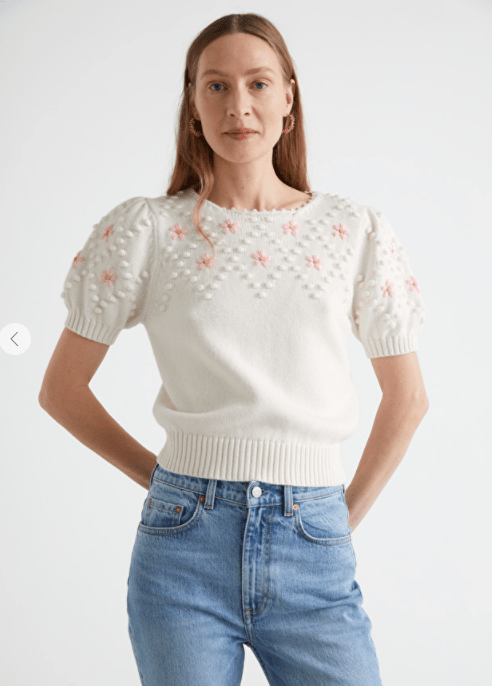 And Other Stories Embroidered Puff Sleeve Knit Sweater