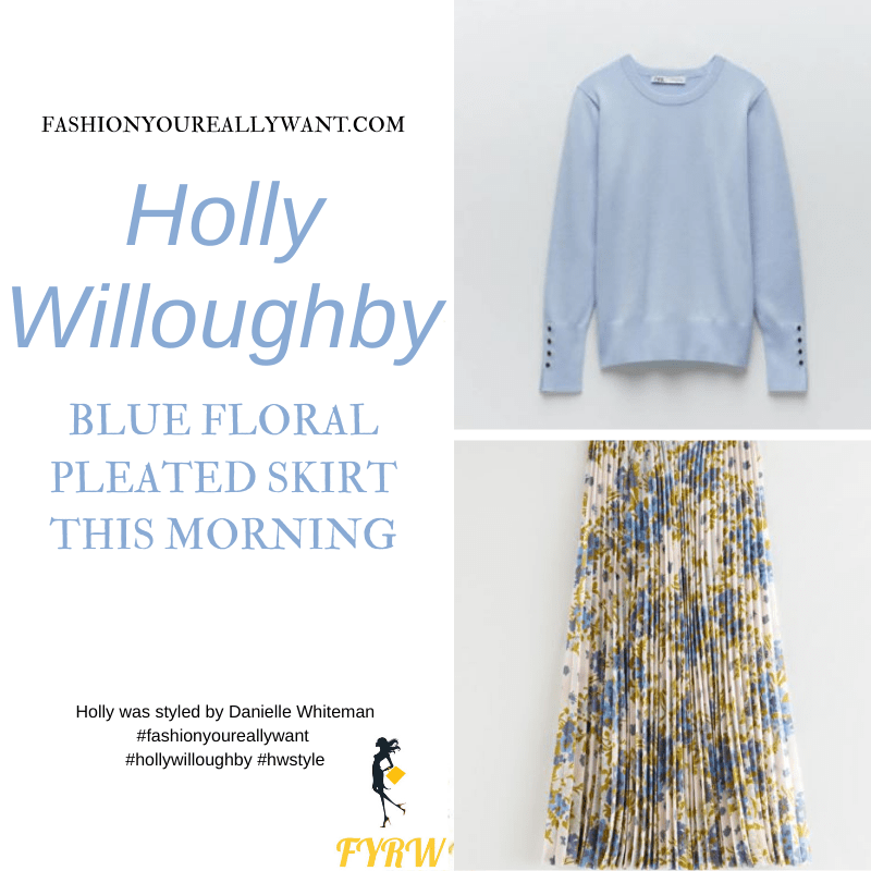 Where to get all Holly Willoughby This Morning outfits blog March 2021 blue floral pleated skirt light blue knit nude suede court shoes