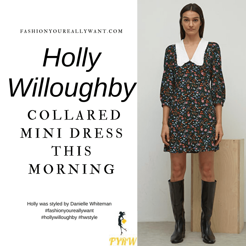 Where to get all Holly Willoughby This Morning outfits blog March 2021 black ditsy floral mini dress white collar black court shoes