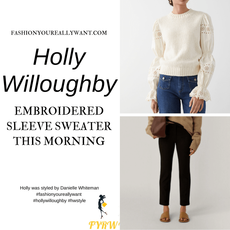 Where to get all Holly Willoughby This Morning outfits blog March 2021 cream broderie anglaise sleeve sweater black straight trousers black suede court shoes