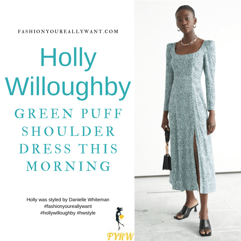 Where to get all Holly Willoughby This Morning outfits blog March 2021 green scoop neck puff sleeve midi dress nude suede court shoes