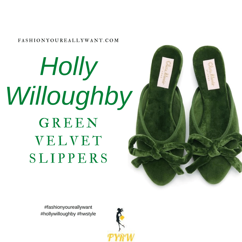Where to get all Holly Willoughby outfits blog March 2021 green velvet slippers with bow