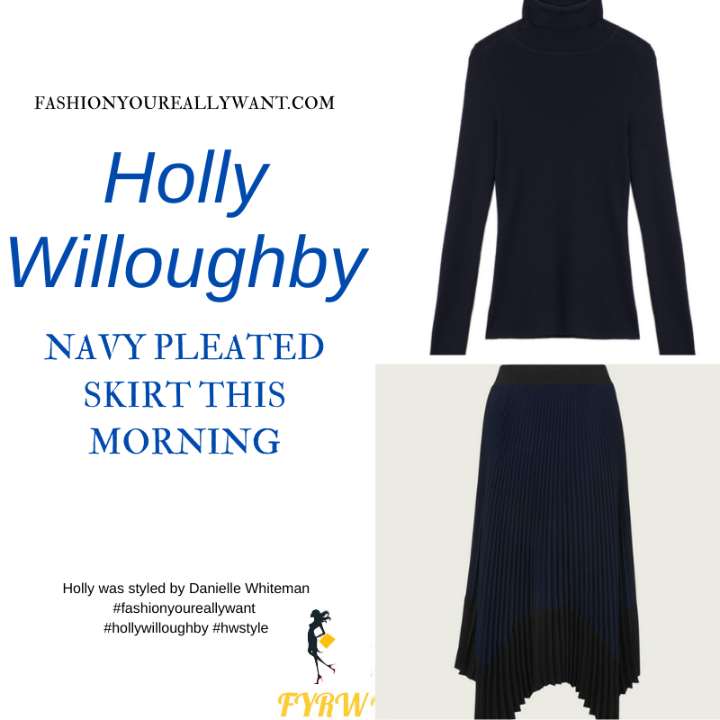 Where to get all Holly Willoughby This Morning outfits blog March 2021 navy pleated dip hem skirt navy polo neck navy suede court shoes