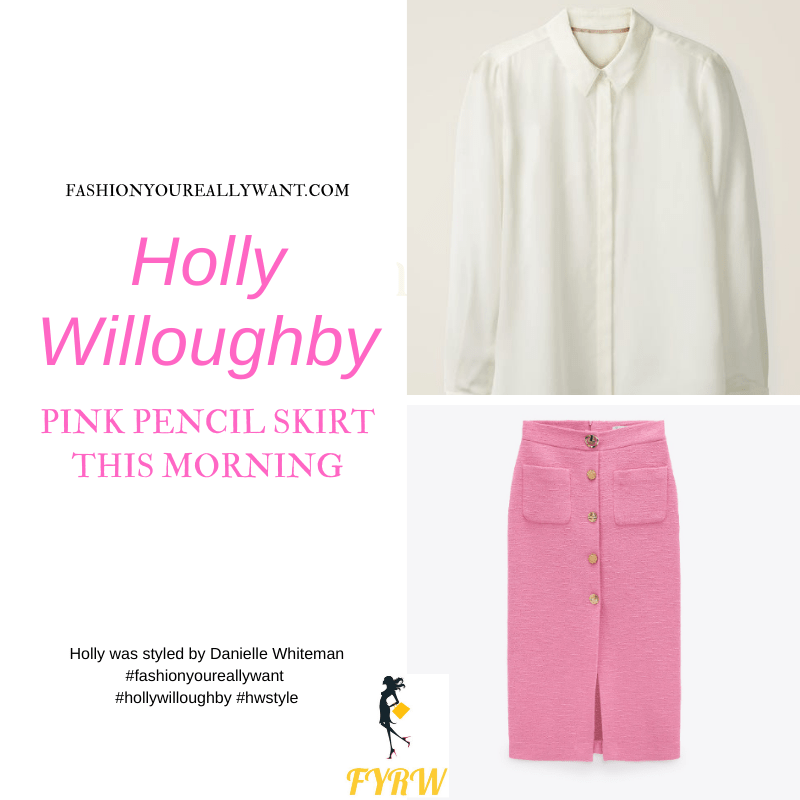 Where to get all Holly Willoughby This Morning outfits blog March 2021 pink pencil skirt with gold buttons ivory shirt nude suede court shoes