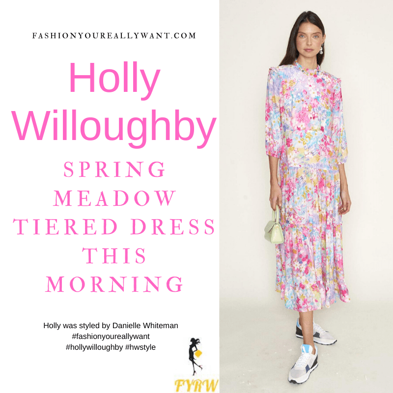 Where to get all Holly Willoughby This Morning outfits blog March 2021 bright floral tiered midaxi dress nude suede court shoes