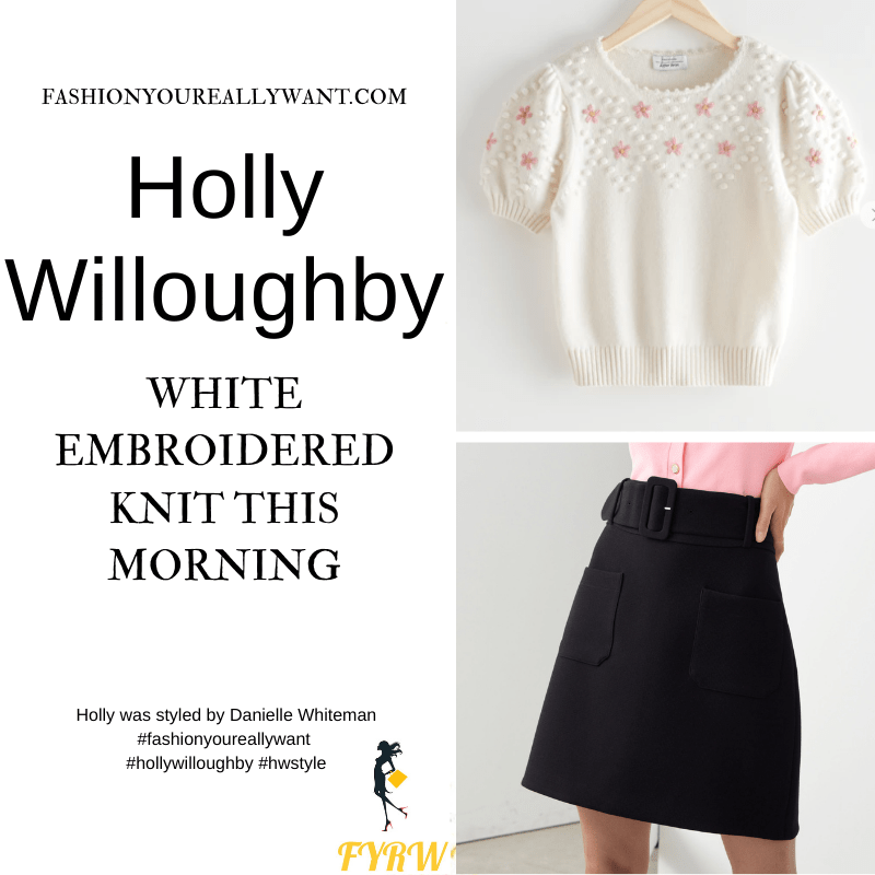 Where to get all Holly Willoughby This Morning outfits blog March 2021 white bobble embroidered short sleeve knit black belted mini skirt black buckle mary jane shoes