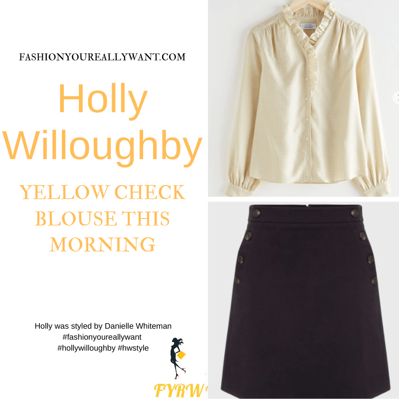 Where to get all Holly Willoughby This Morning outfits blog March 2021 yellow check ruffle blouse navy side button mini skirt suede court shoes