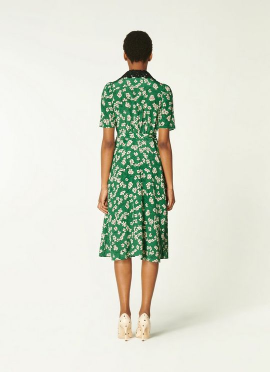 LK Bennett Haskell Green Daisy Print Silk Shirt Dress back view