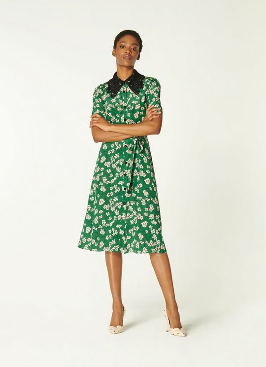 LK Bennett Haskell Green Daisy Print Silk Shirt Dress