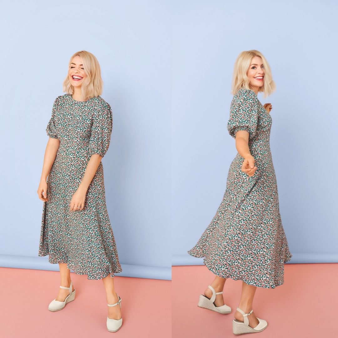 where to get all Holly Willougby dresses floral puff sleeve midaxi dress white espadrilles 19 March 2021 Photo M&S