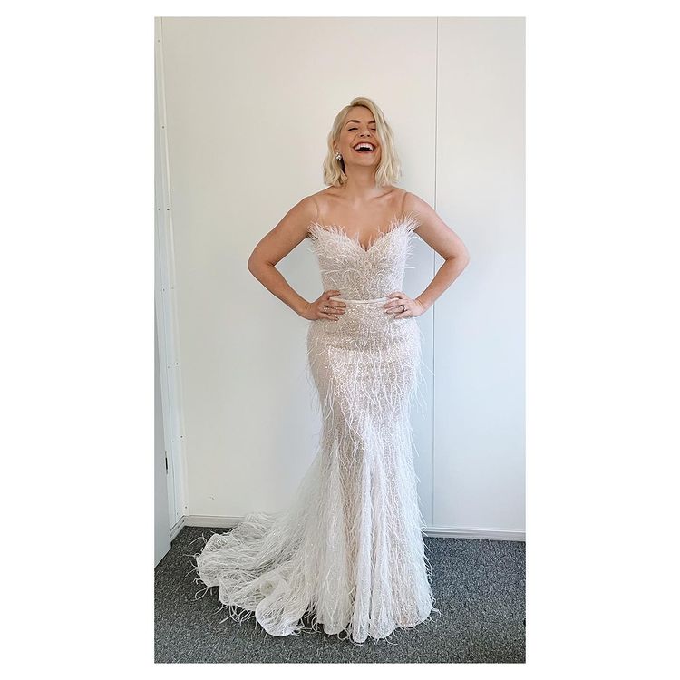 where to get all Holly Willoughby Dancing on Ice dresses white feather gown 14 MArch 2021 Photo Holly Willougby