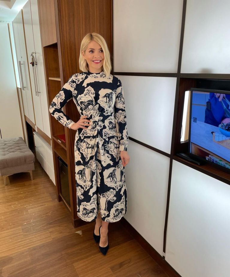 where to get all Holly Willoughby This Morning dresses blue horse stallion print dress suede court shoes 22 March 2021 Photo Holly Willoughby