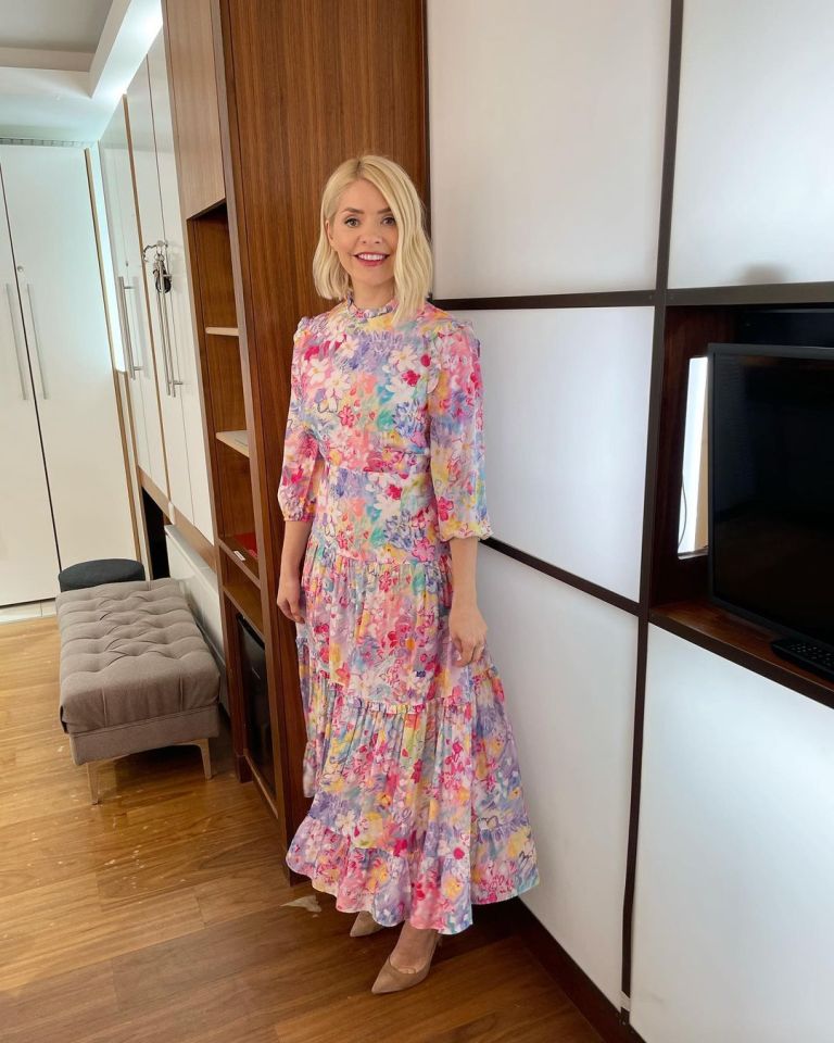 where to get all Holly Willoughby This Morning dresses bright floral tiered midaxi dress nude suede court shoes 29 March 2021 Photo Holly Willoughby