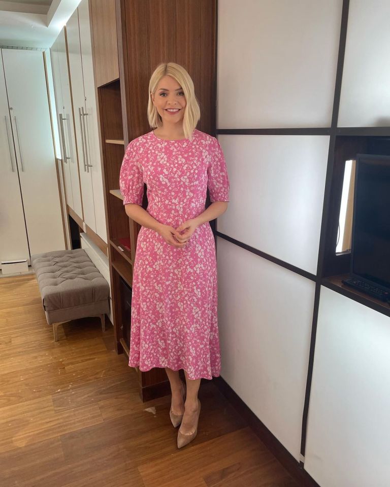 where to get all Holly Willoughby This Morning dresses pink ditsy white floral dress nude suede court shoes 16 March 2021 Photo Holly Willoughby