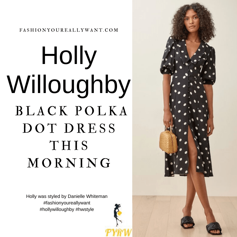 Where to get all Holly Willoughby This Morning outfits blog April 2021 black and white polka dot dress with collar patent leather Mary Jane shoes