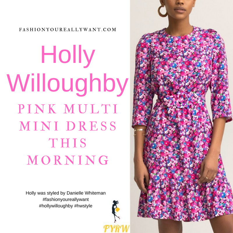 Where to get all Holly Willoughby This Morning outfits blog April 2021 pink purple multi floral long sleeve mini dress nude suede court shoes