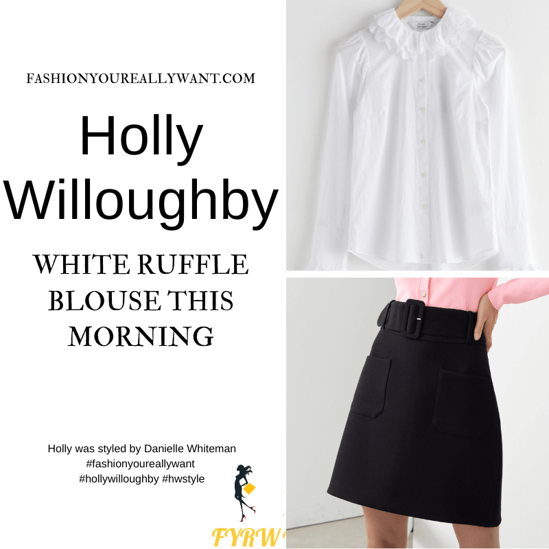 Where to get all Holly Willoughby This Morning outfits blog April 2021 white ruffle neck cuff blouse black belted mini skirt black court shoes