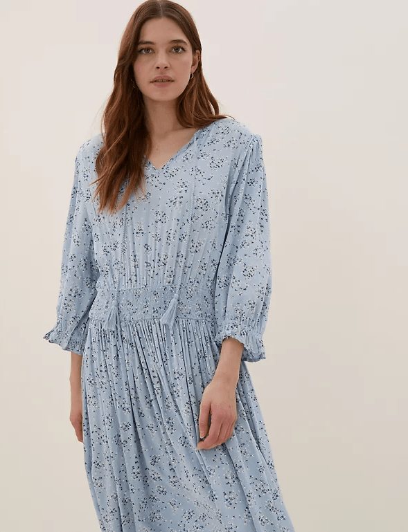 M&amp;S Floral Tie Neck Midi Waisted Dress