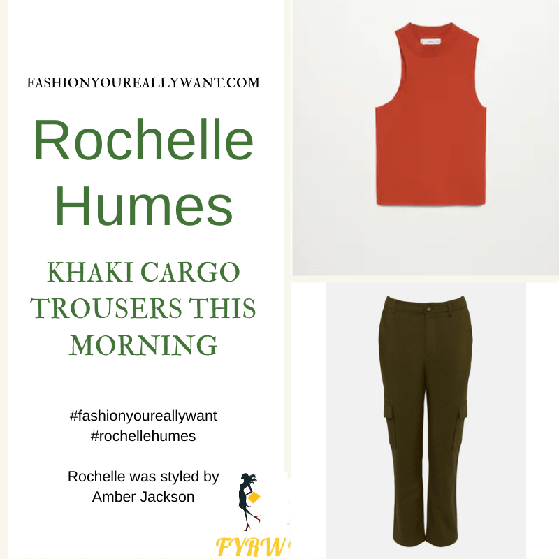 Where to get all Rochelle Humes This Morning outfits blog April 2021 khaki cargo pants orange high neck sleeveless top plaited woven brown mules
