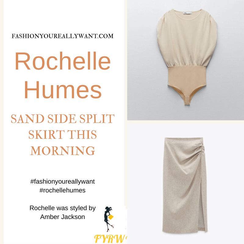 Where to get all Rochelle Humes This Morning outfits blog April 2021 sand side split pencil skirt cream ruched top brown snakeskin mules